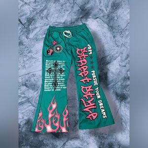 Y2K-Inspired Graphic Green Sweatpants Flame Streetwear XL